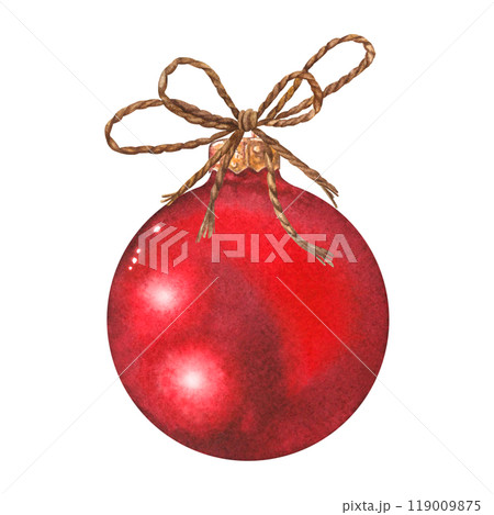 Glass round red ball with rope bow. Hand drawn watercolor illustration of decorative twinkle Christmas tree toy on isolated background. Holiday decor for New Year party, invitations, cards, sticker. Glass round red ball with rope bow. Hand drawn watercolor illustration of decorative twinkle Christmas tree toy on isolated background. Holiday decor for New Year party, invitations, cards, sticker. 119009875
