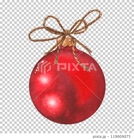 Glass round red ball with rope bow. Hand drawn watercolor illustration of decorative twinkle Christmas tree toy on isolated background. Holiday decor for New Year party, invitations, cards, sticker. Glass round red ball with rope bow. Hand drawn watercolor illustration of decorative twinkle Christmas tree toy on isolated background. Holiday decor for New Year party, invitations, cards, sticker. 119009875