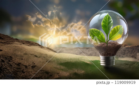 Green leaves in glass bulb on background of nature. Eco-friendly banner for environmental protection. 119009919