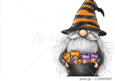 Whimsical halloween gnome with candy bucket and orange-black hat 119009987