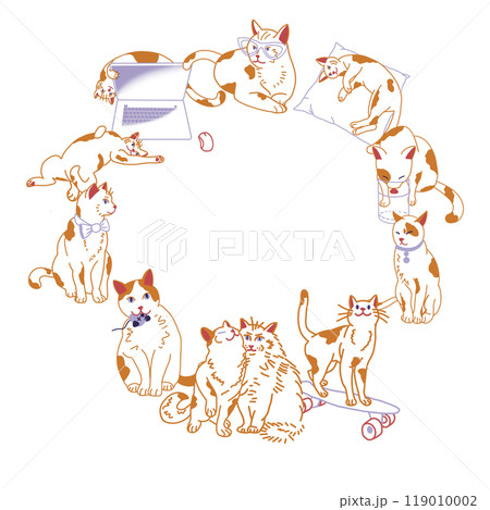Cats round wreath frame composition Digital illustration Red and white cat on white background Cartoon flat illustration isolated on white background Lovely kitten Graphic element for design and Cats round wreath frame composition Digital illustration Red and white cat on white background Cartoon flat illustration isolated on white background Lovely kitten Graphic element for design and 119010002