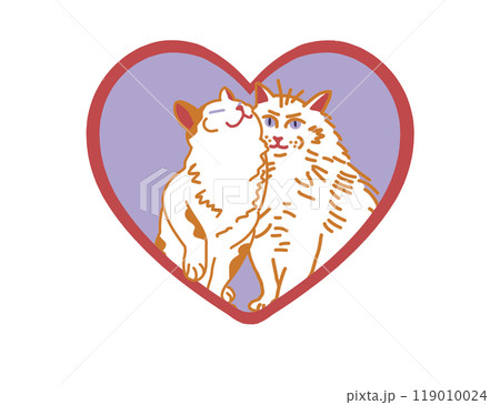 Cats on a purple heart composition Digital illustration Red and white cat on white background Cartoon flat illustration isolated on white background Lovely kitten Graphic element for design and 119010024