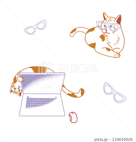 Cute cats laptop and glasses pattern Digital illustration Red and white cat on white background Cartoon flat illustration isolated on white background Lovely kitten Graphic element for design and Cute cats laptop and glasses pattern Digital illustration Red and white cat on white background Cartoon flat illustration isolated on white background Lovely kitten Graphic element for design and 119010026