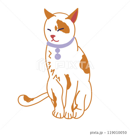 Cute cat in a collar Digital illustration isolated Red and white cat on white background Cartoon flat illustration isolated on white background Lovely kitten Graphic element for design and website 119010050