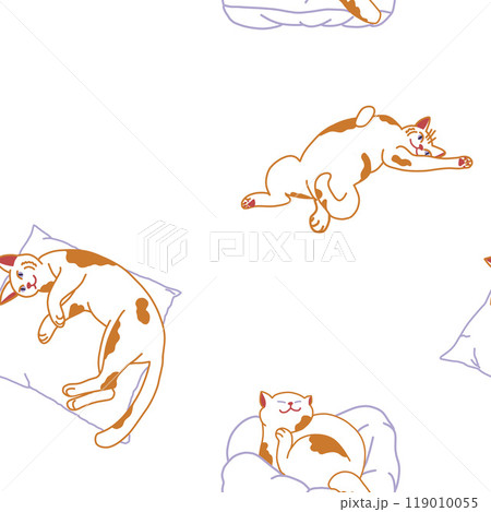 Cute cats on pillows pattern Digital illustration Red and white cat on white background Cartoon flat illustration isolated on white background Lovely kitten Graphic element for design and website 119010055