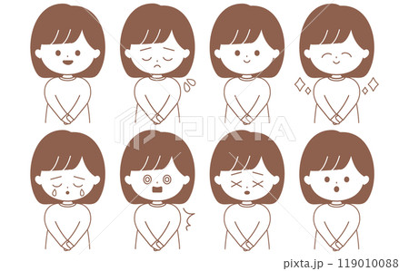 シンプルでかわいい女性の表情の線画イラストセット 119010088