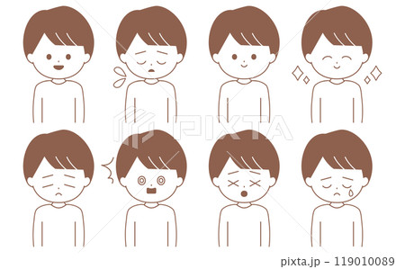 シンプルで使いやすい男性の顔の表情の線画イラストセット シンプルで使いやすい男性の顔の表情の線画イラストセット 119010089
