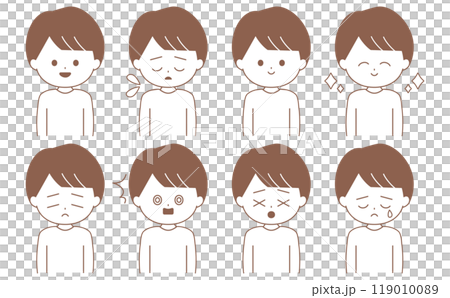シンプルで使いやすい男性の顔の表情の線画イラストセット シンプルで使いやすい男性の顔の表情の線画イラストセット 119010089