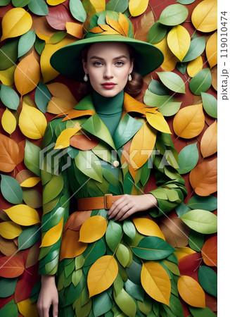 Stylish young woman or adult girl in vintage retro style hat and coat made of autumn colored leaves 119010474