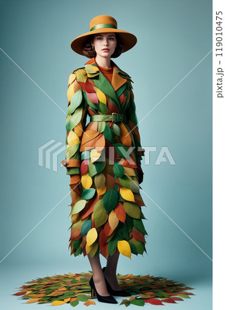 Stylish young woman or adult girl in vintage retro style hat and coat made of autumn colored leaves 119010475