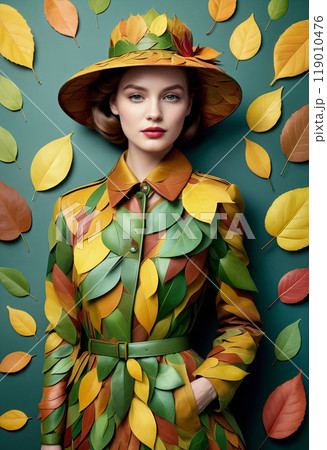 Stylish young woman or adult girl in vintage retro style hat and coat made of autumn colored leaves 119010476