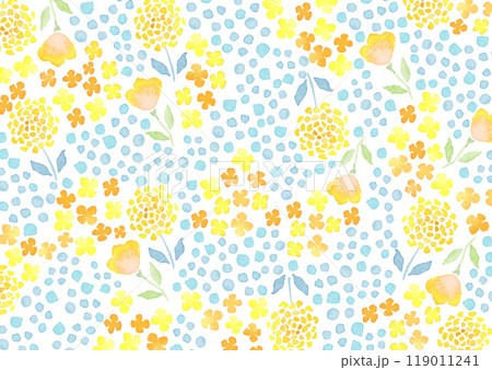 水彩で描いた黄色い花と水玉の模様 119011241