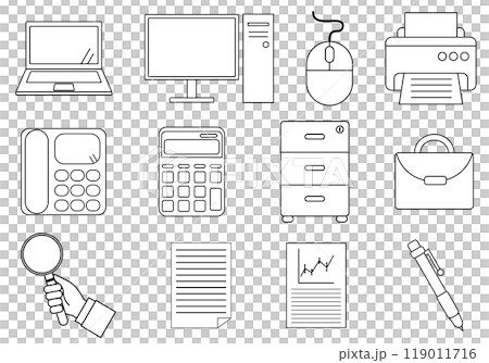 ビジネスオフィス用品のアイコンセットの線画イラスト ビジネスオフィス用品のアイコンセットの線画イラスト 119011716