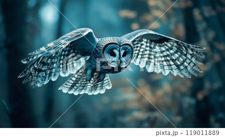 夜の森を飛翔するフクロウ 夜の森を飛翔するフクロウ 119011889