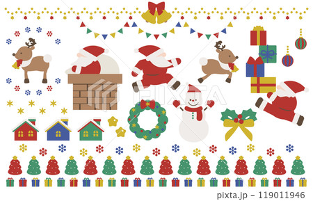 横顔のサンタとトナカイのかわいいクリスマスのイラスト素材セット 119011946