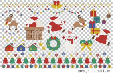 横顔のサンタとトナカイのかわいいクリスマスのイラスト素材セット 119011946