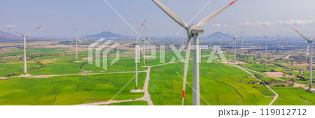 Wind power plant. green meadow with Wind turbines generating electricity BANNER, LONG FORMAT Wind power plant. green meadow with Wind turbines generating electricity BANNER, LONG FORMAT 119012712