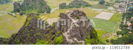 BANNER, LONG FORMAT Top pagoda of Hang Mua temple, rice fields, Ninh Binh, Vietnam. Vietnam reopens borders after quarantine Coronovirus COVID 19 119012789