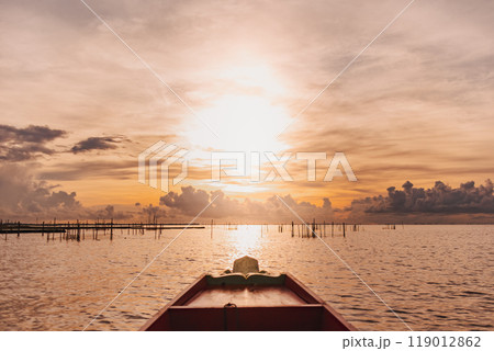 Morning scene of village fish net in Songkhla lake, Phatthalung, Thailand. Morning scene of village fish net in Songkhla lake, Phatthalung, Thailand. 119012862