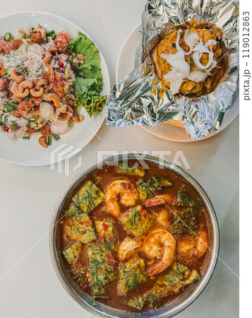 Set of Thai spicy food of Sour Soup, Spicy glass noodle, Steamed Fish Curry. Set of Thai spicy food of Sour Soup, Spicy glass noodle, Steamed Fish Curry. 119012863