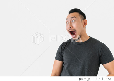 Surprised wow face freelance man bun hair in black on white. Surprised wow face freelance man bun hair in black on white. 119012878