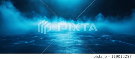 未来的な青い光が照らされた霧の部屋 未来的な青い光が照らされた霧の部屋 119013257