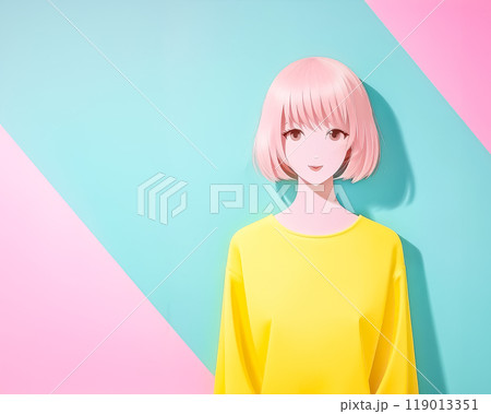 黄色い洋服を着た少女とポップな背景のイラスト素材 119013351