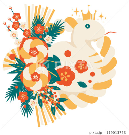 デザイナーズしめ飾りの巳年年賀状アイコン、白蛇、レトロカラー、かわいい、イラスト 119013758
