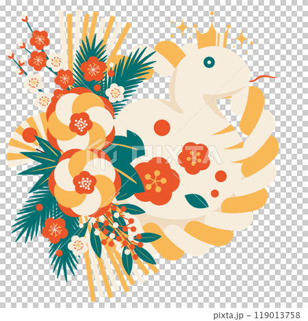 デザイナーズしめ飾りの巳年年賀状アイコン、白蛇、レトロカラー、かわいい、イラスト 119013758