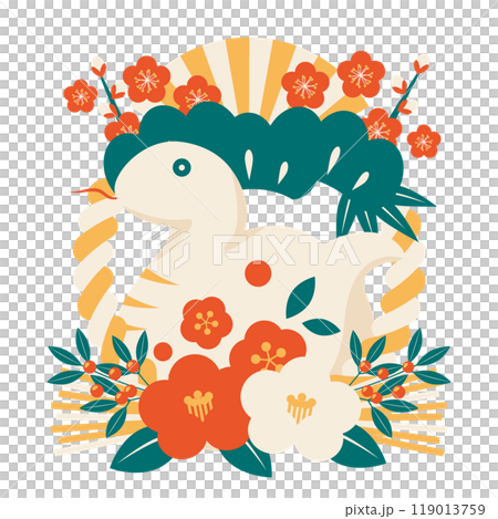 Snake year New Year's card icon, pine, bamboo and plum on top, camellia on bottom, decoration, white snake, illustration, cute, retro color Snake year New Year's card icon, pine, bamboo and plum on top, camellia on bottom, decoration, white snake, illustration, cute, retro color 119013759