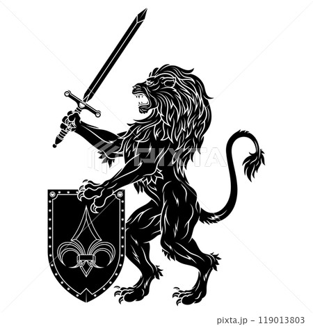 Rampant lion with shield 119013803