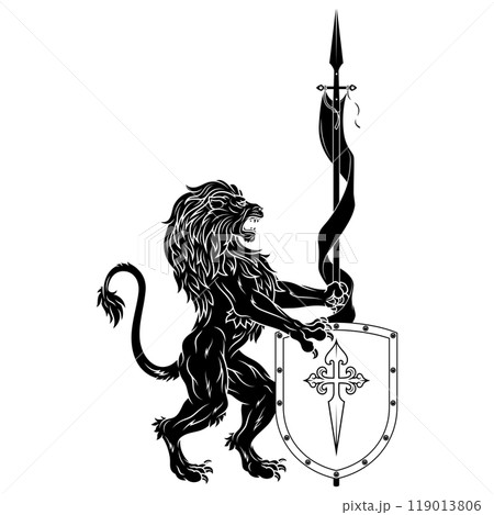 Rampant lion with shield 119013806