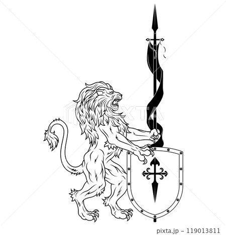 Rampant lion with shield 119013811