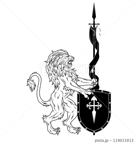 Rampant lion with shield 119013813