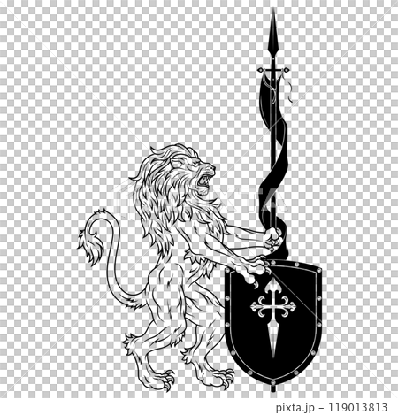 Rampant lion with shield 119013813