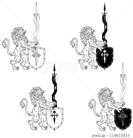 Rampant lion with shield 119013815