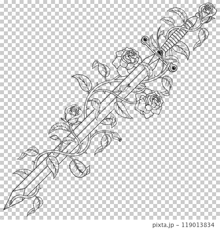 Ancient sword surrounded by rose plant 119013834