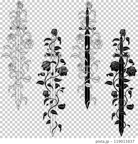 Ancient sword surrounded by rose plant Ancient sword surrounded by rose plant 119013837