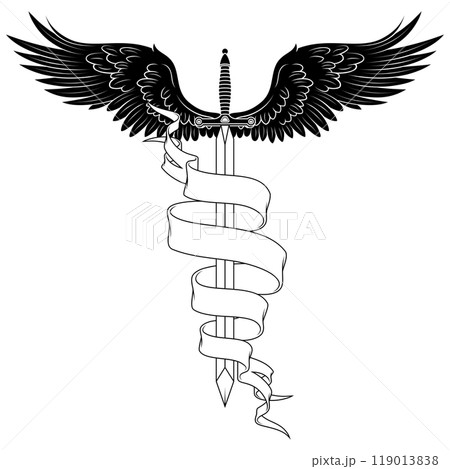 Winged medieval sword surrounded by a ribbon 119013838