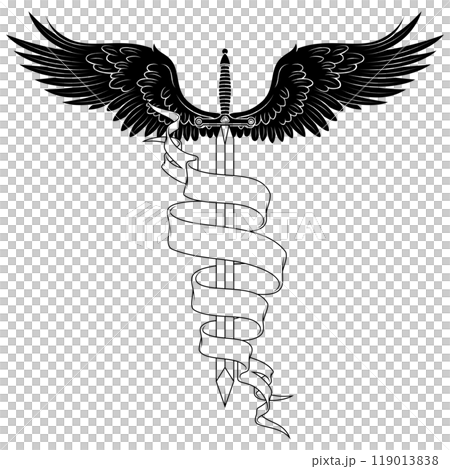 Winged medieval sword surrounded by a ribbon 119013838