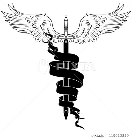 Winged medieval sword surrounded by a ribbon 119013839