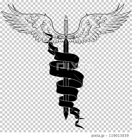Winged medieval sword surrounded by a ribbon 119013839