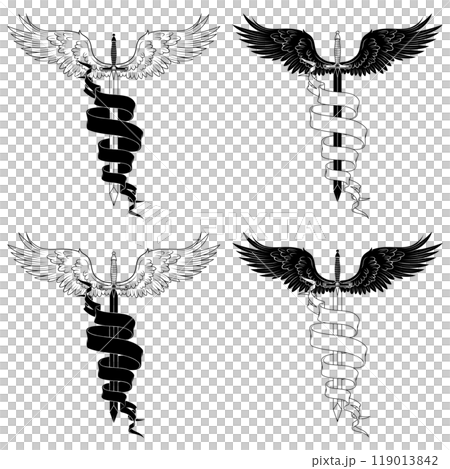 Winged medieval sword surrounded by a ribbon 119013842