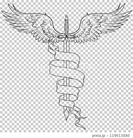 Winged medieval sword surrounded by a ribbon 119013880