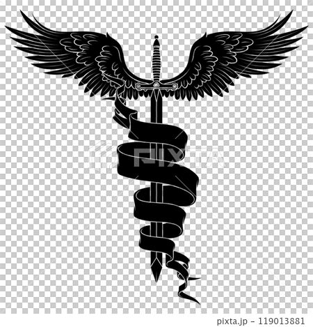 Winged medieval sword surrounded by a ribbon 119013881