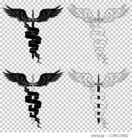 Winged medieval sword surrounded by a ribbon 119013882