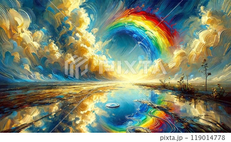 水面に映った虹と空の風景を油絵で 119014778
