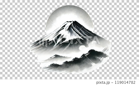 Mt. Fuji and sunrise in ink painting Mt. Fuji and sunrise in ink painting 119014782