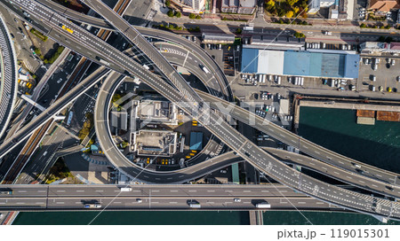 Aerial view highway and overpass Osaka City, Junctions of city highway vehicles drive on roads Osaka City, Japan, Highway interchange, Expressway important infrastructure, Osaka City, Japan. Aerial view highway and overpass Osaka City, Junctions of city highway vehicles drive on roads Osaka City, Japan, Highway interchange, Expressway important infrastructure, Osaka City, Japan. 119015301
