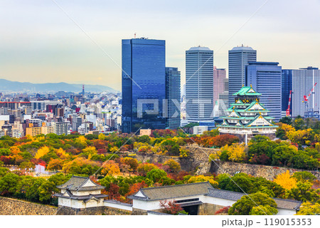 Osaka Castle beautiful attraction ancient architecture landmark, Osaka Castle in autumn, Landscape view osaka castle museum, Osaka City, Kansai, Japan. 119015353